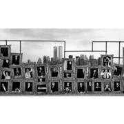 stacked portraits, with the New York skyline in the background, black and white